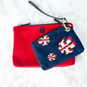 Tory Burch Red and Navy Packable Nylon Duo Pouch